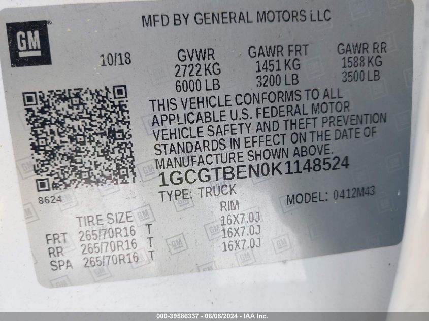 2019 Chevrolet Colorado Wt VIN: 1GCGTBEN0K1148524 Lot: 39586337