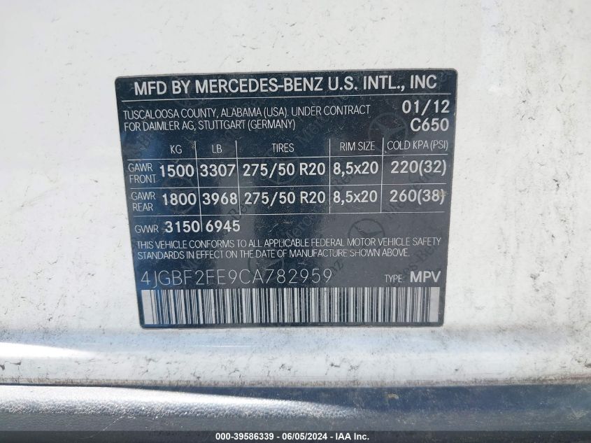 2012 Mercedes-Benz Gl 350 Bluetec 4Matic VIN: 4JGBF2FE9CA782959 Lot: 39586339