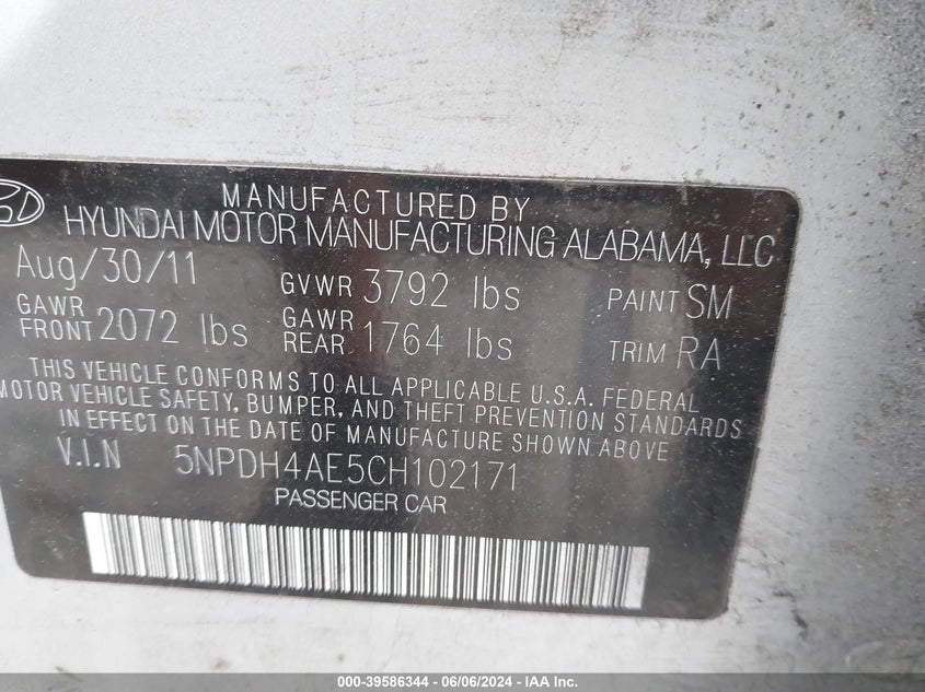 2012 Hyundai Elantra Limited VIN: 5NPDH4AE5CH102171 Lot: 39586344