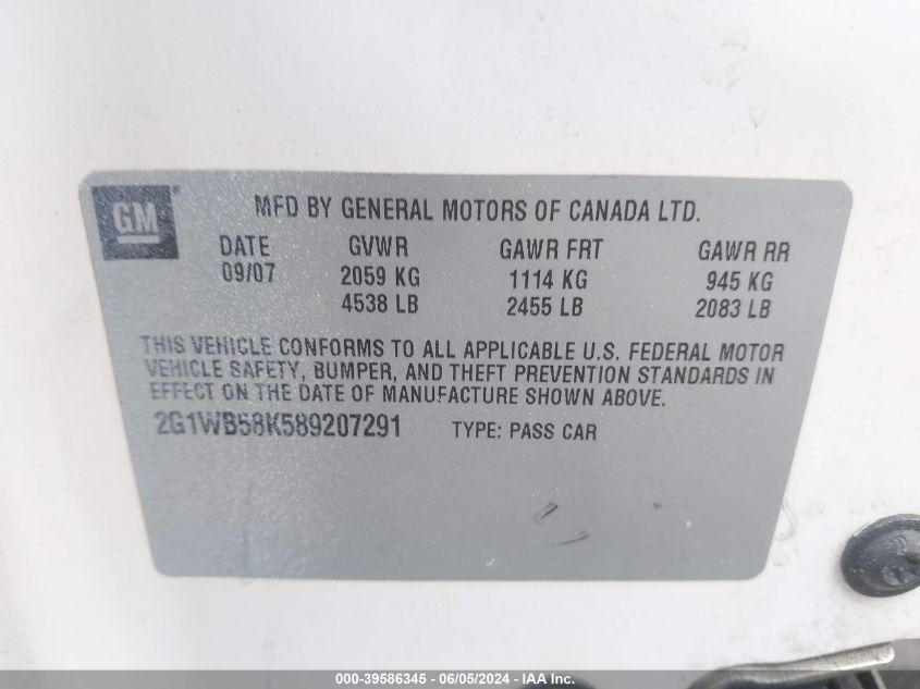 2008 Chevrolet Impala Ls VIN: 2G1WB58K589207291 Lot: 39586345