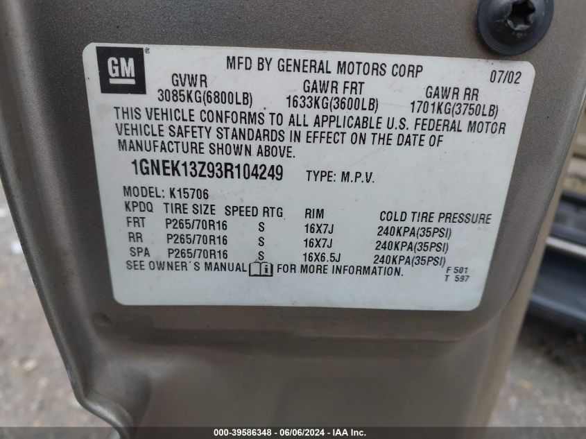 2003 Chevrolet Tahoe Lt VIN: 1GNEK13Z93R104249 Lot: 39586348