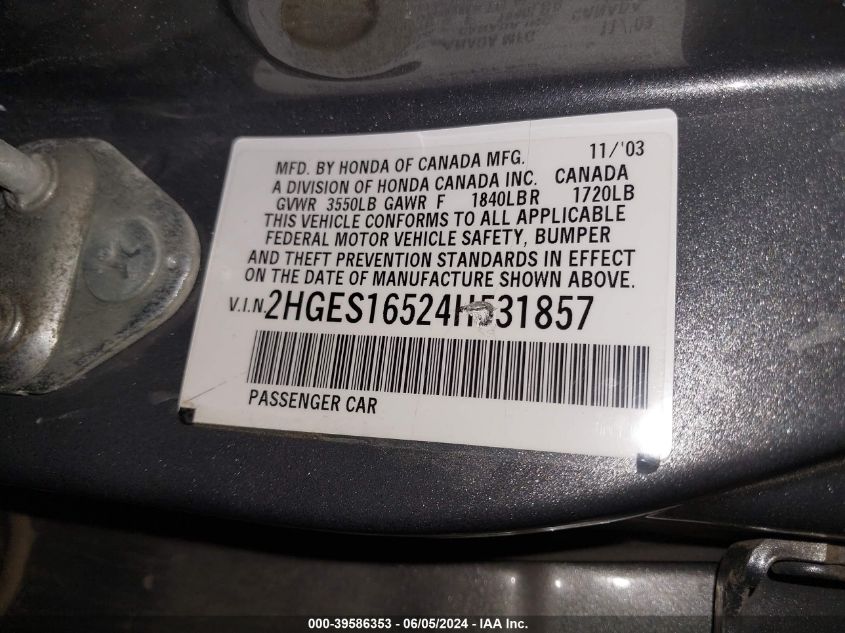 2004 Honda Civic Lx VIN: 2HGES16524H531857 Lot: 39586353