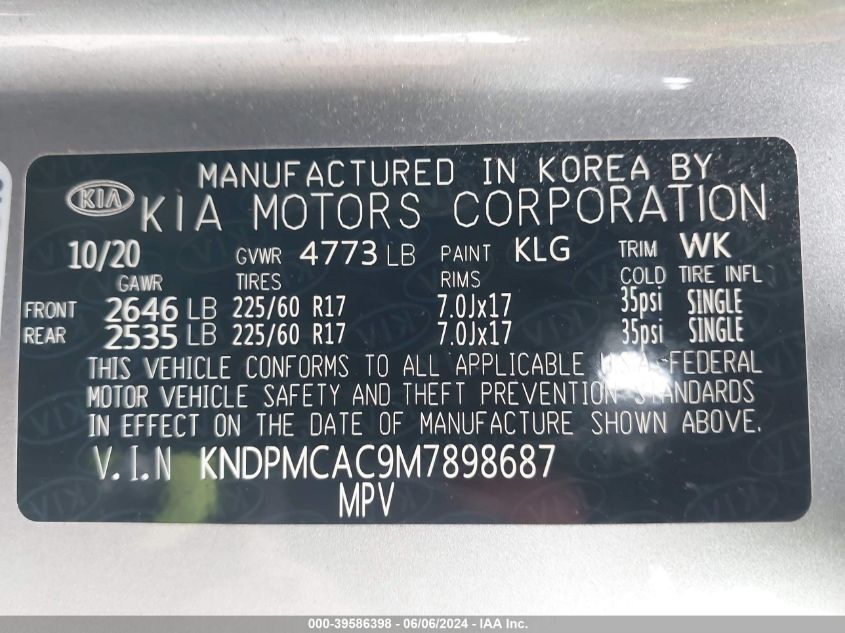 2021 Kia Sportage Lx VIN: KNDPMCAC9M7898687 Lot: 39586398