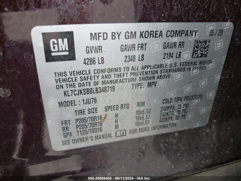 2020 Chevrolet Trax Fwd Ls VIN: KL7CJKSB8LB348719 Lot: 39586408