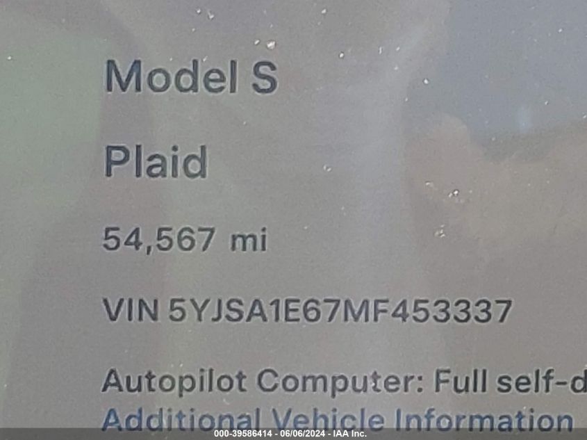 2021 Tesla Model S Plaid Tri Motor All-Wheel Drive VIN: 5YJSA1E67MF453337 Lot: 39586414