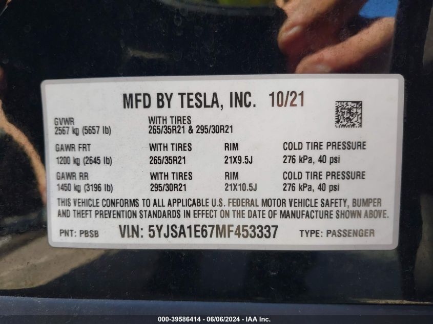 2021 Tesla Model S Plaid Tri Motor All-Wheel Drive VIN: 5YJSA1E67MF453337 Lot: 39586414