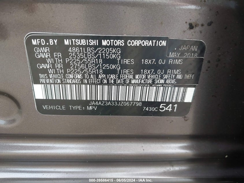 2018 Mitsubishi Outlander Es/Le/Se/Sel VIN: JA4AZ3A33JZ067798 Lot: 39586415