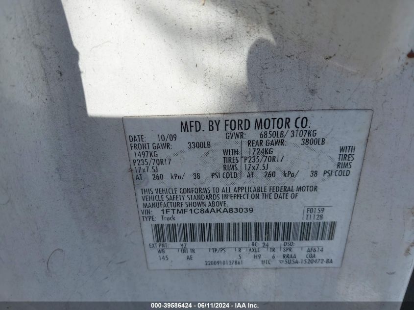 2010 Ford F-150 Xl/Xlt VIN: 1FTMF1C84AKA83039 Lot: 39586424