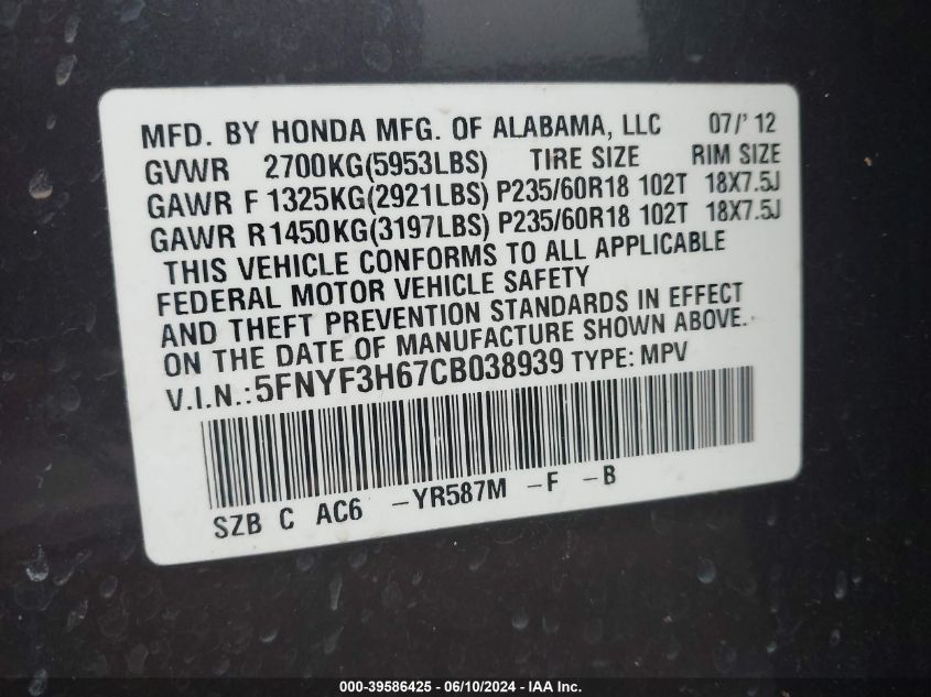 2012 Honda Pilot Ex-L VIN: 5FNYF3H67CB038939 Lot: 39586425