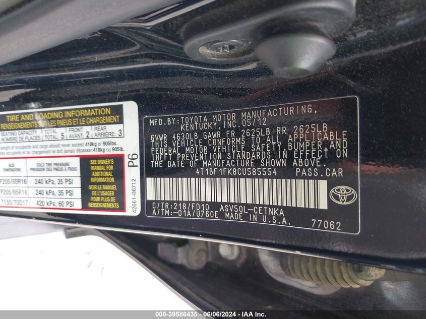 2012 Toyota Camry Le VIN: 4T1BF1FK8CU585554 Lot: 39586435