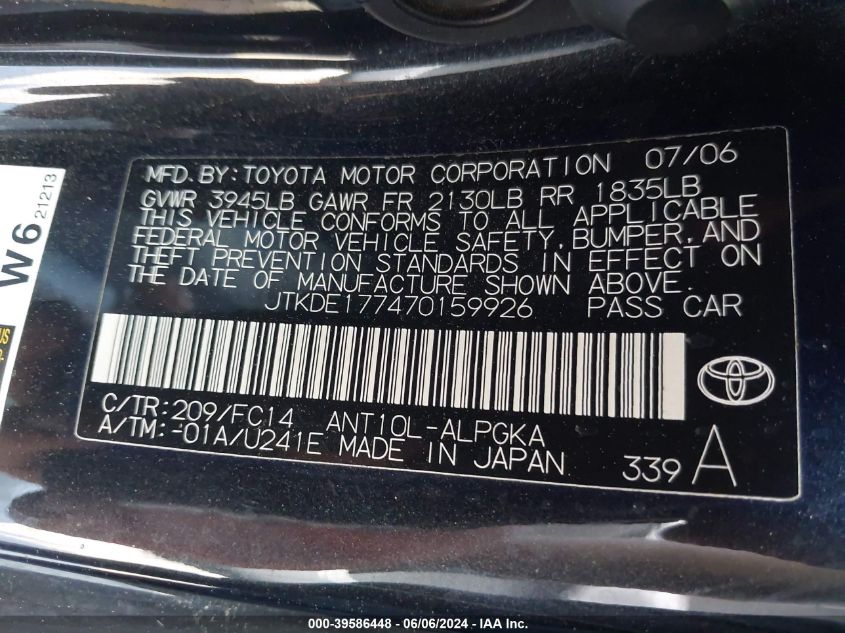 2007 Scion Tc VIN: JTKDE177470159926 Lot: 39586448