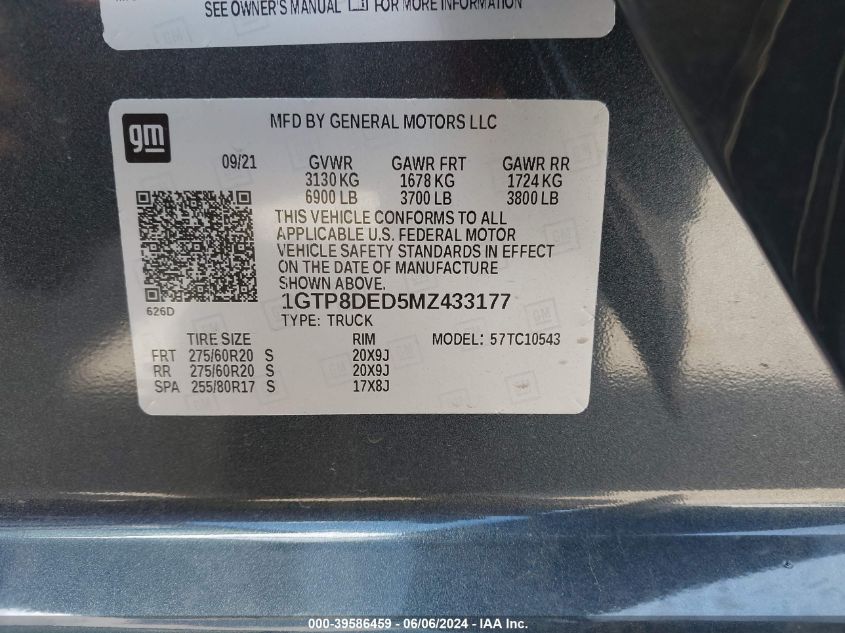 2021 GMC Sierra 1500 VIN: 1GTP8BED5MZ433177 Lot: 39586459