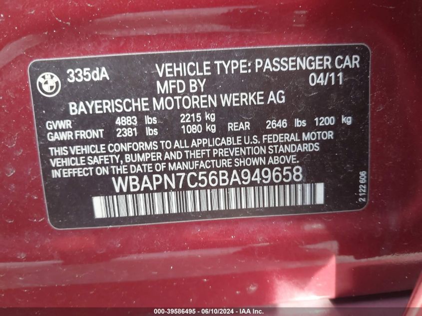 2011 BMW 335D VIN: WBAPN7C56BA949658 Lot: 39586495