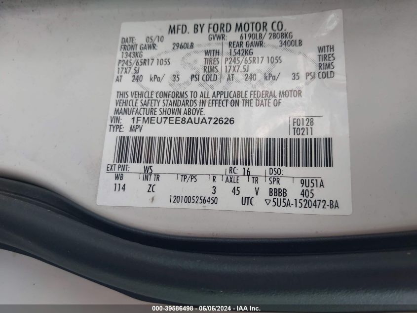 2010 Ford Explorer Eddie Bauer VIN: 1FMEU7EE8AUA72626 Lot: 39586498