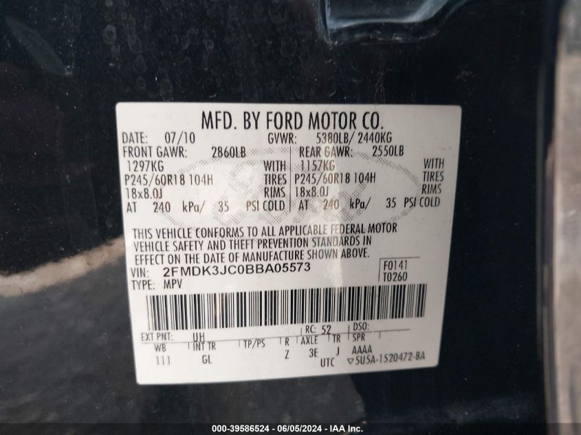 2011 Ford Edge Sel VIN: 2FMDK3JC0BBA05573 Lot: 39586524