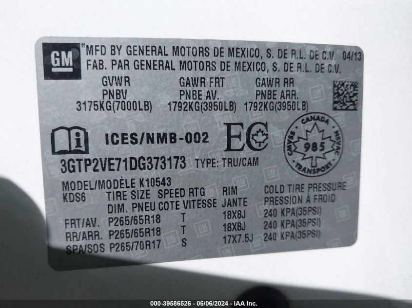 2013 GMC Sierra 1500 Sle VIN: 3GTP2VE71DG373173 Lot: 39586526