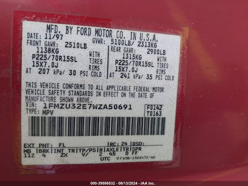 1998 Ford Explorer Eddie Bauer/Limited/Xl/Xlt VIN: 1FMZU32E7WZA50691 Lot: 39586532