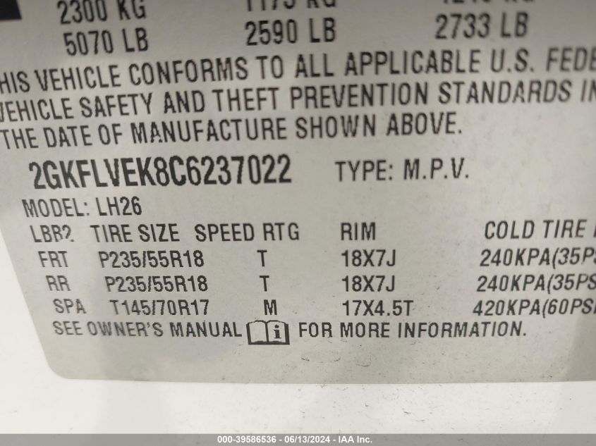 2012 GMC Terrain Slt-1 VIN: 2GKFLVEK8C6237022 Lot: 39586536