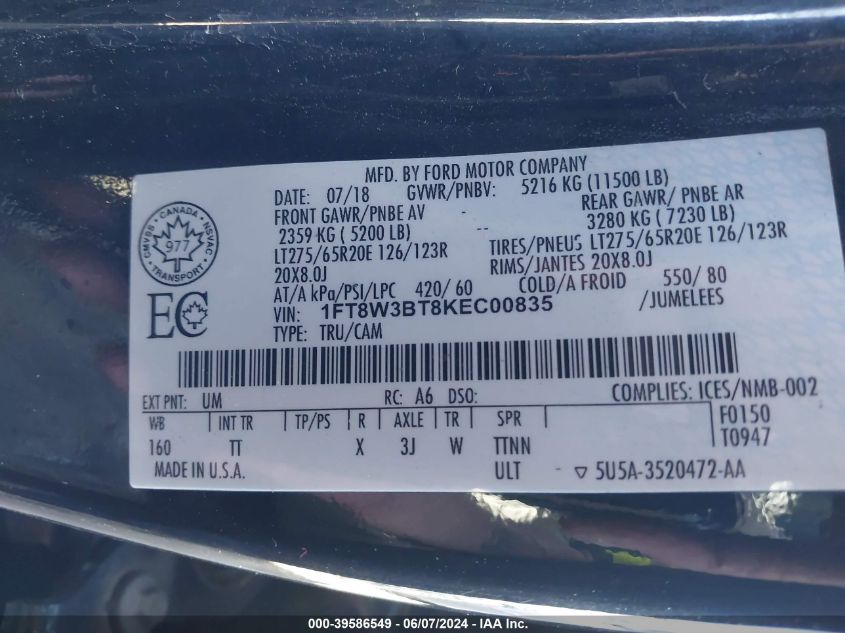 2019 Ford F-350 Limited VIN: 1FT8W3BT8KEC00835 Lot: 39586549