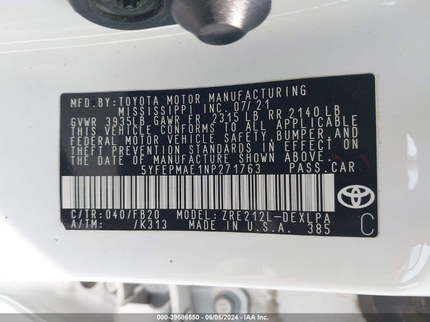 2022 TOYOTA COROLLA LE - 5YFEPMAE1NP271763