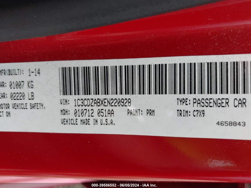 2014 Dodge Avenger Se VIN: 1C3CDZABXEN220928 Lot: 39586552