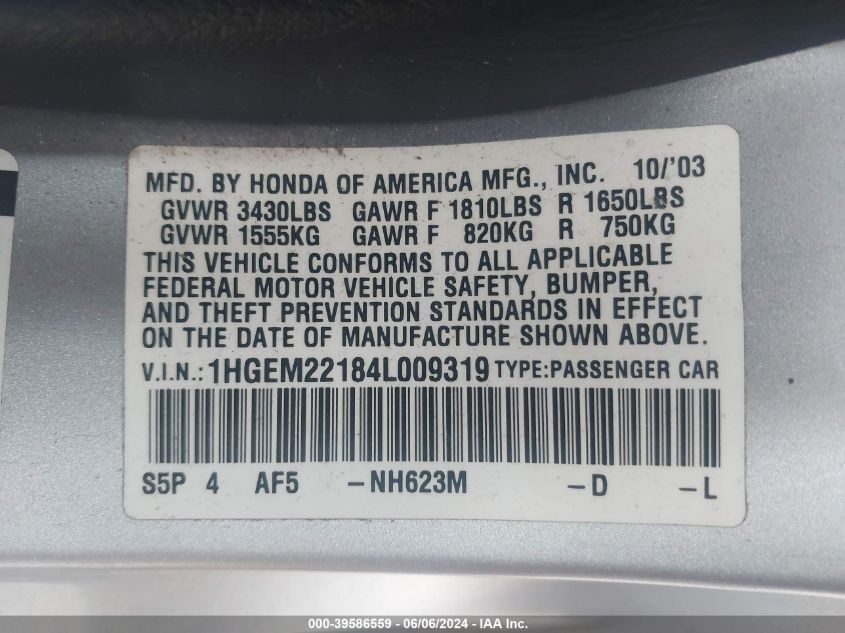 2004 Honda Civic Vp VIN: 1HGEM22184L009319 Lot: 39586559