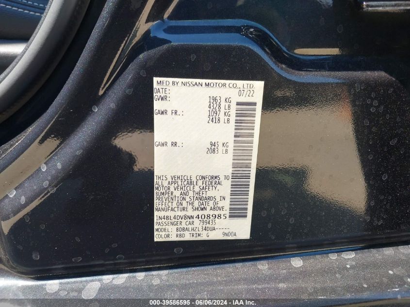 2022 Nissan Altima Sv Fwd VIN: 1N4BL4DV8NN408985 Lot: 39586595