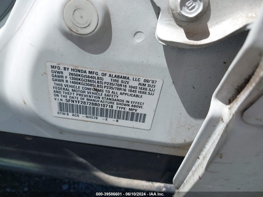 2008 Honda Pilot Ex-L VIN: 5FNYF28728B010718 Lot: 39586601