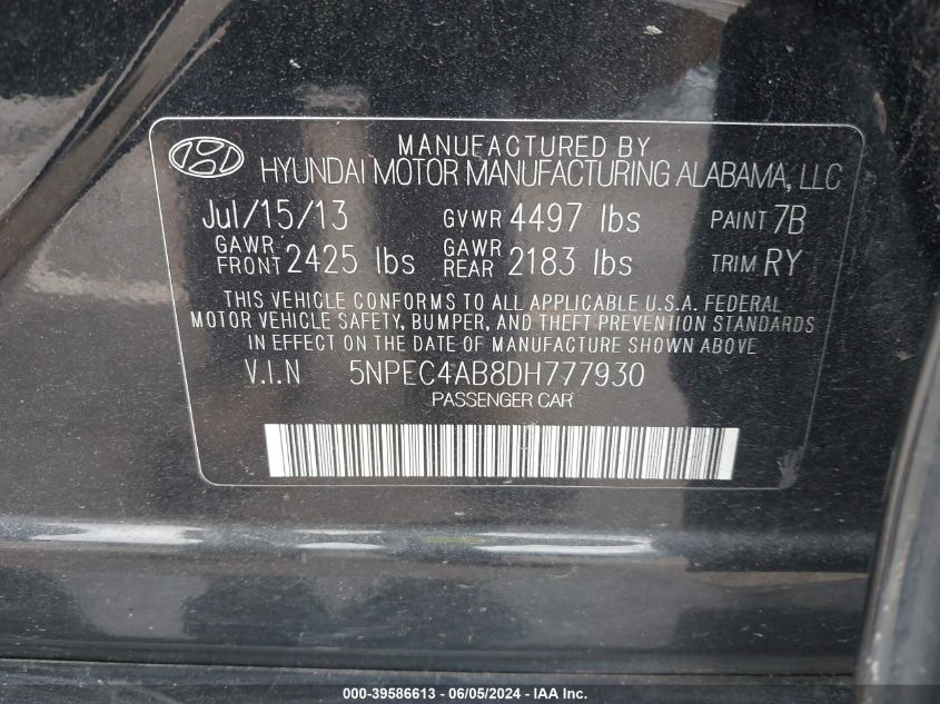 2013 Hyundai Sonata Se 2.0T VIN: 5NPEC4AB8DH777930 Lot: 39586613