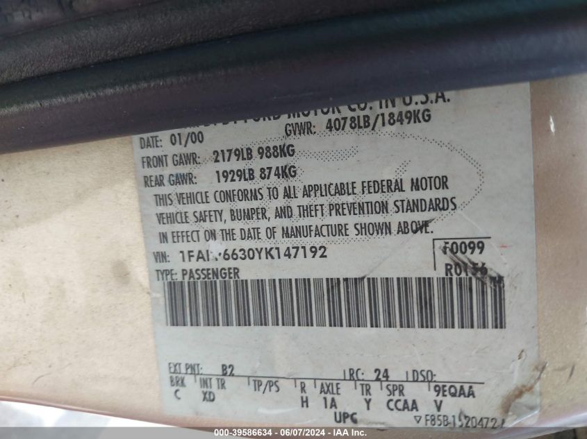 2000 Ford Contour Se Fleet VIN: 1FAFP6630YK147192 Lot: 39586634