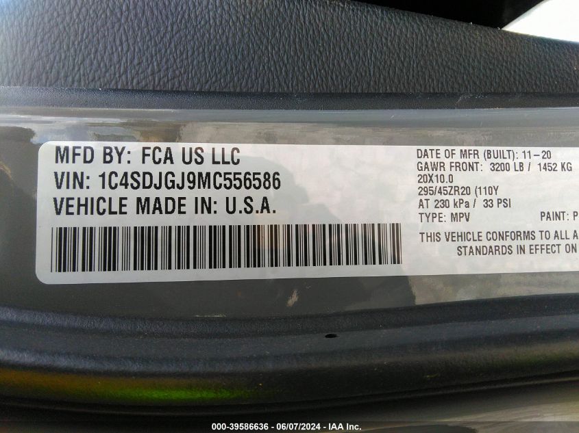 2021 Dodge Durango Srt 392 Awd VIN: 1C4SDJGJ9MC556586 Lot: 39586636