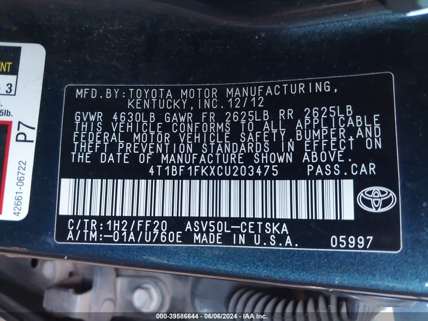 2012 Toyota Camry Se VIN: 4T1BF1FKXCU203475 Lot: 39586644