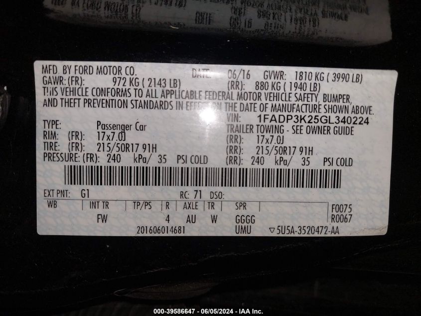 2016 Ford Focus Se VIN: 1FADP3K25GL340224 Lot: 39586647