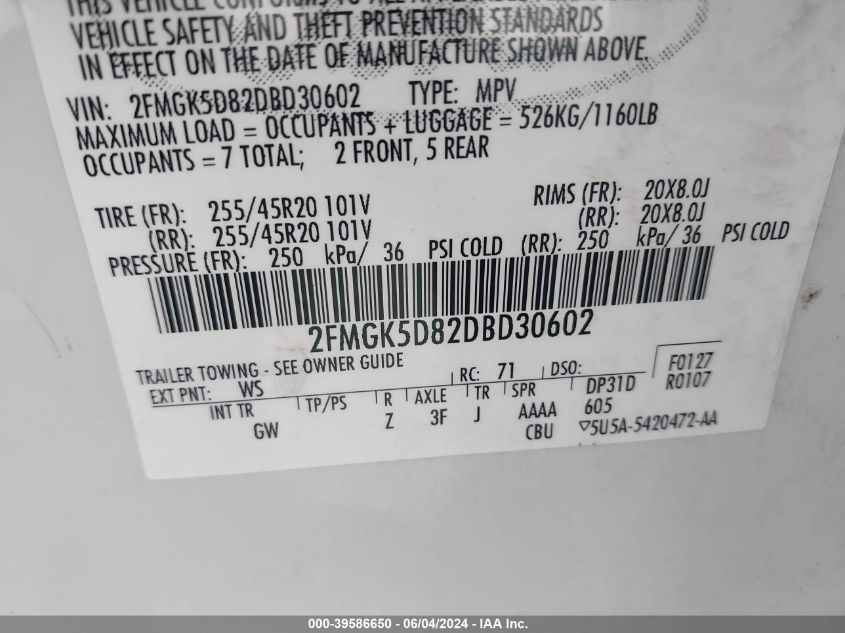 2013 Ford Flex Limited VIN: 2FMGK5D82DBD30602 Lot: 39586650