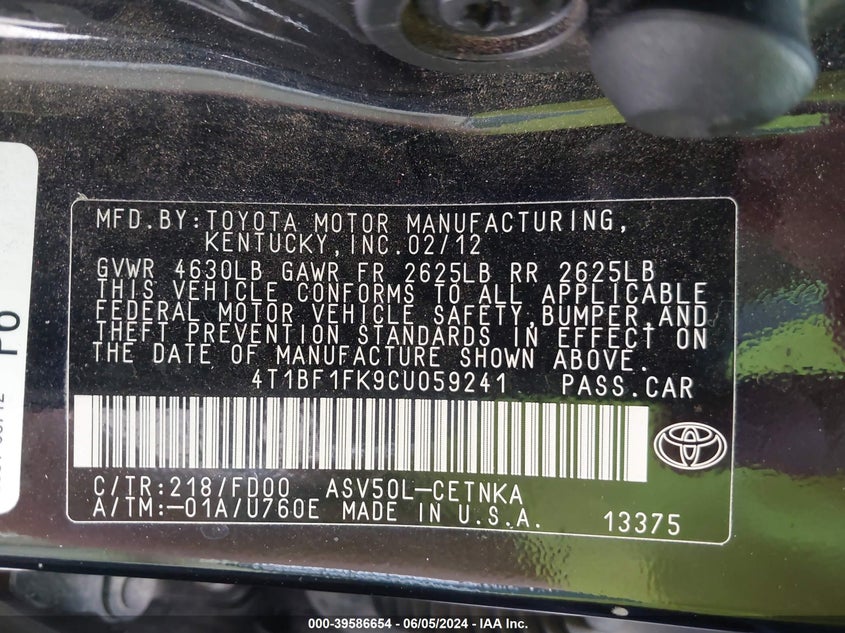 2012 Toyota Camry Le VIN: 4T1BF1FK9CU059241 Lot: 39586654