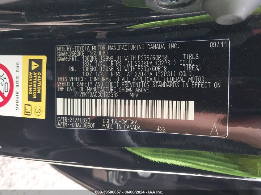 2012 Lexus Rx 350 VIN: 2T2BK1BA0CC123382 Lot: 39586657