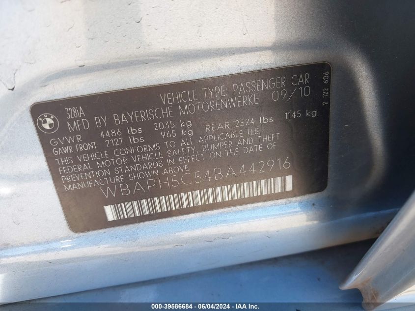 2011 BMW 328I VIN: WBAPH5C54BA442916 Lot: 39586684