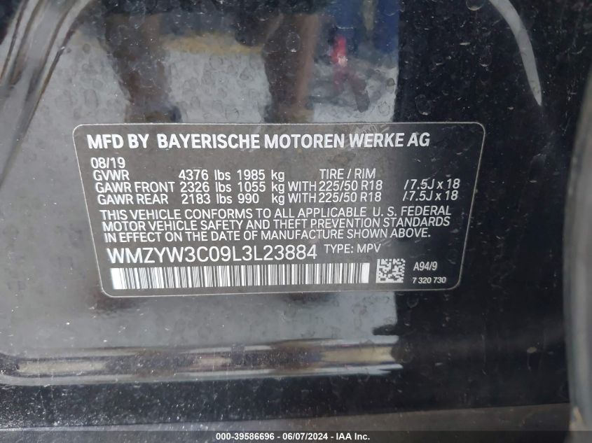 2020 Mini Countryman Cooper VIN: WMZYW3C09L3L23884 Lot: 39586696