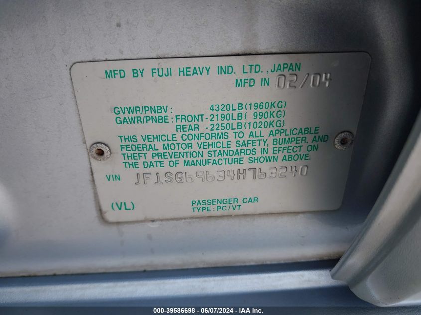 2004 Subaru Forester 2.5Xt VIN: JF1SG69634H763240 Lot: 39586698