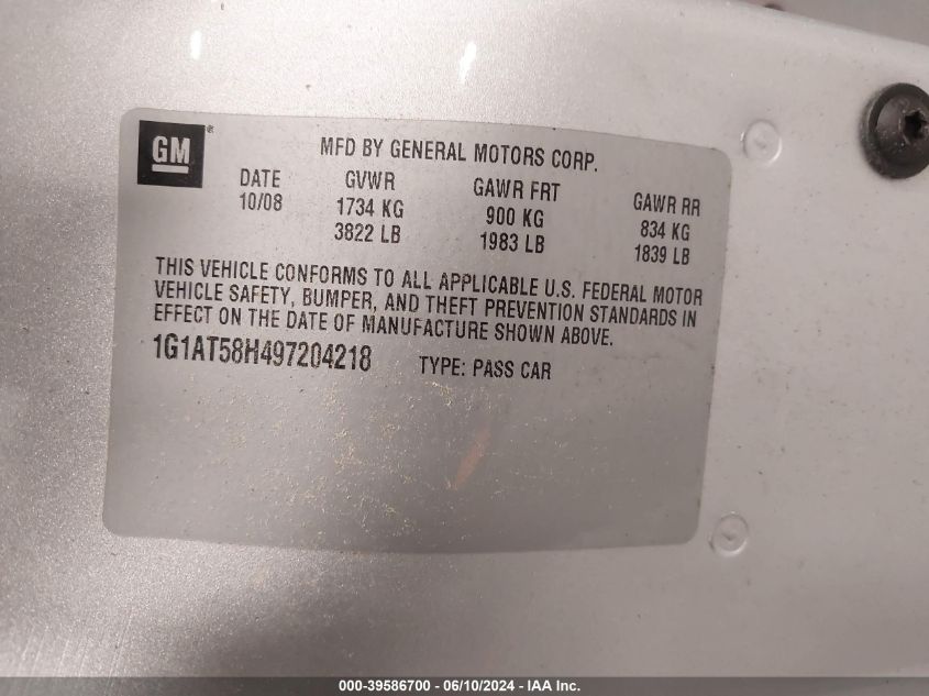 2009 Chevrolet Cobalt Lt VIN: 1G1AT58H497204218 Lot: 39586700