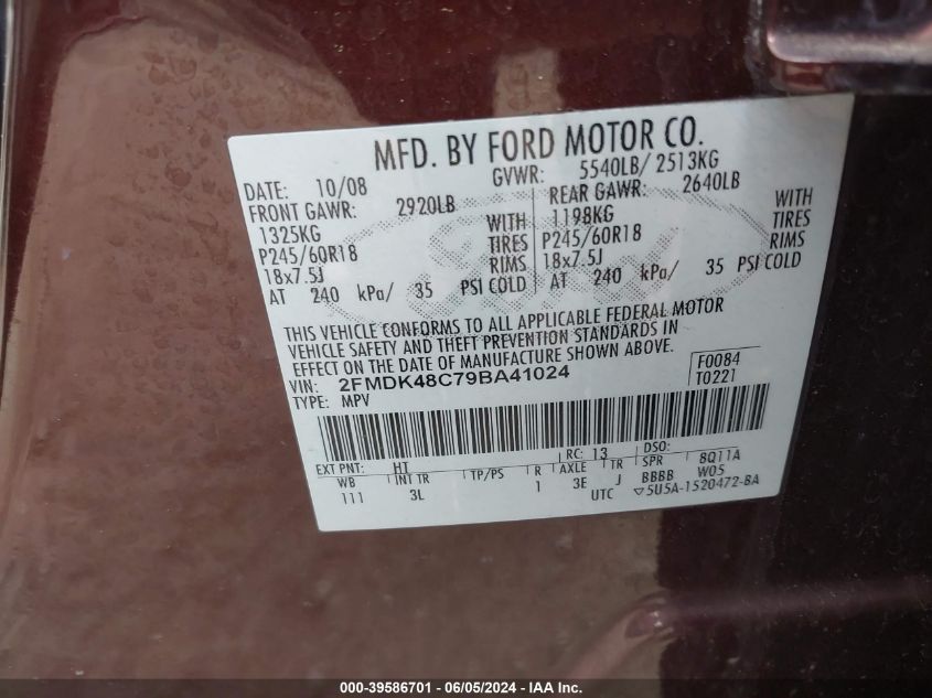 2009 Ford Edge Sel VIN: 2FMDK48C79BA41024 Lot: 39586701