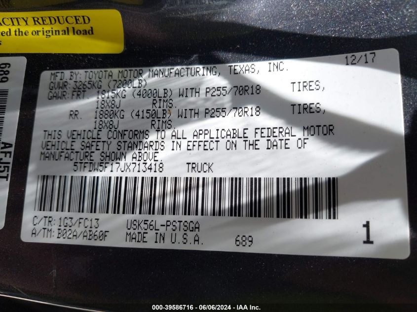 2018 Toyota Tundra Sr5 5.7L V8 VIN: 5TFDW5F17JX713418 Lot: 39586716