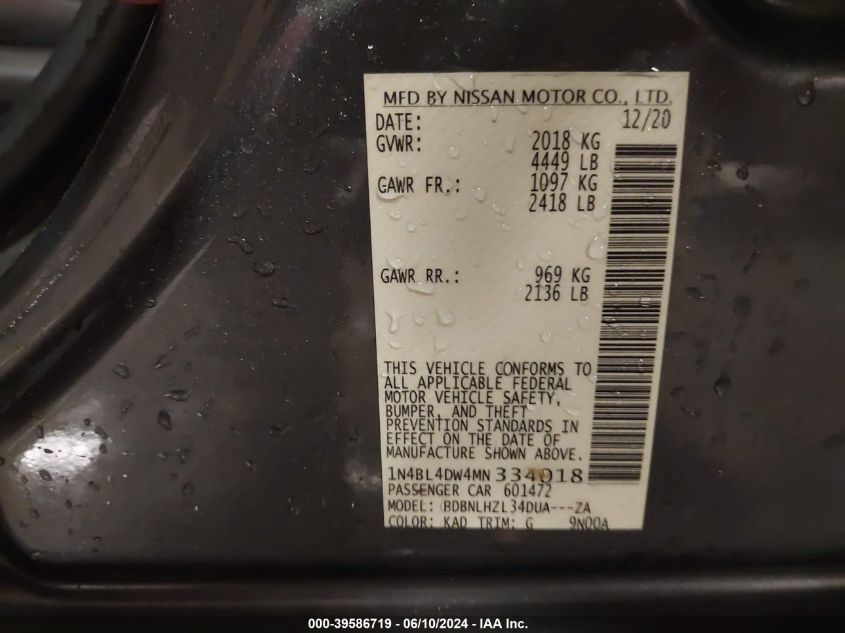 2021 Nissan Altima Sv Intelligent Awd VIN: 1N4BL4DW4MN334018 Lot: 39586719