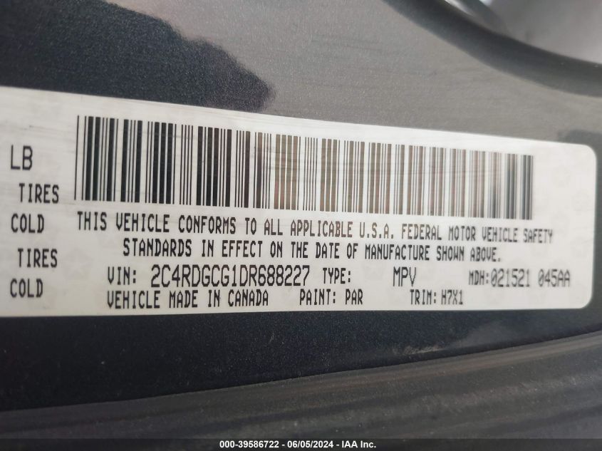 2013 Dodge Grand Caravan Sxt VIN: 2C4RDGCG1DR688227 Lot: 39586722