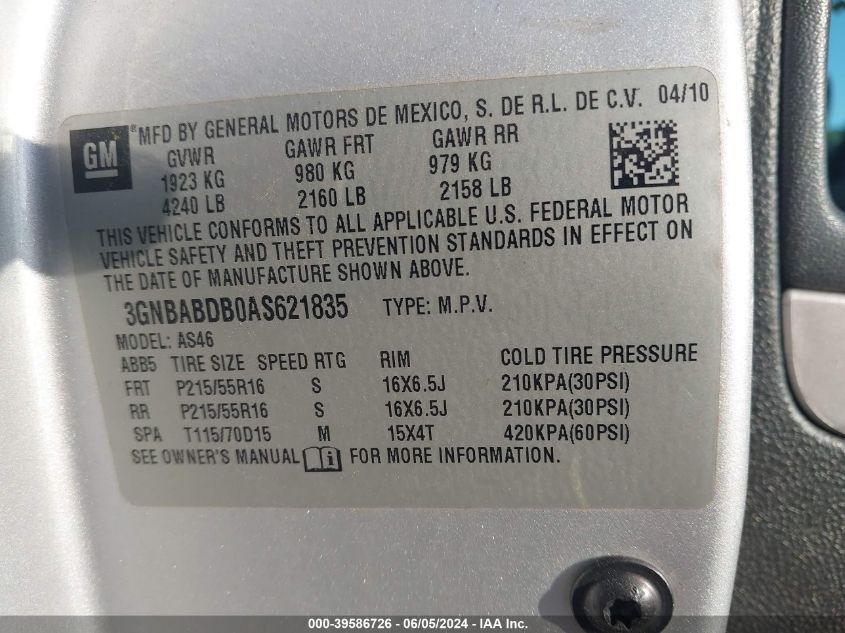 2010 Chevrolet Hhr Lt VIN: 3GNBABDB0AS621835 Lot: 39586726