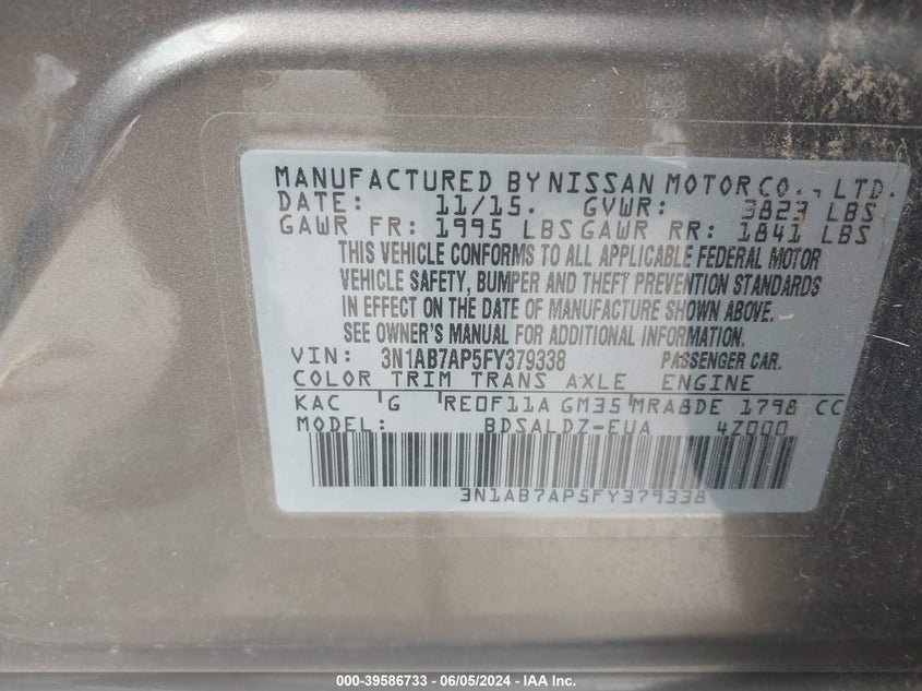 2015 Nissan Sentra Sv VIN: 3N1AB7AP5FY379338 Lot: 39586733