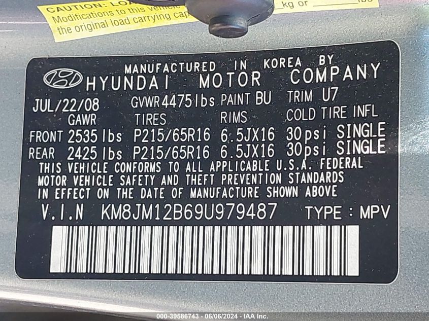 2009 Hyundai Tucson Gls VIN: KM8JM12B69U979487 Lot: 39586743