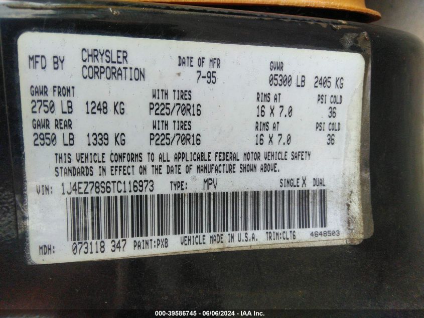 1996 Jeep Grand Cherokee Limited VIN: 1J4EZ78S6TC116973 Lot: 39586745