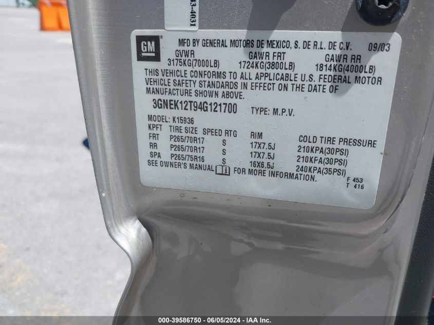 2004 Chevrolet Avalanche 1500 VIN: 3GNEK12T94G121700 Lot: 39586750