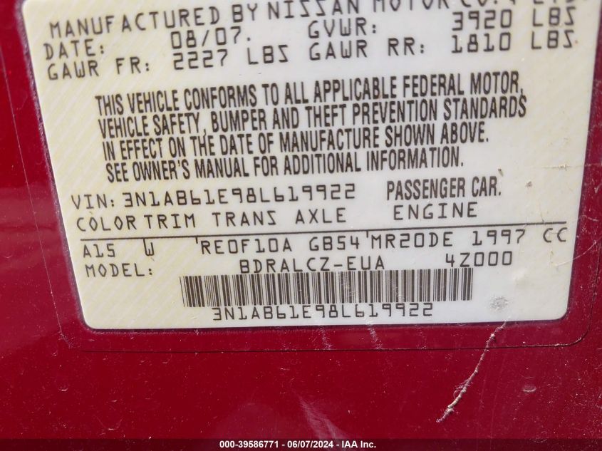 2008 Nissan Sentra 2.0 VIN: 3N1AB61E98L619922 Lot: 39586771